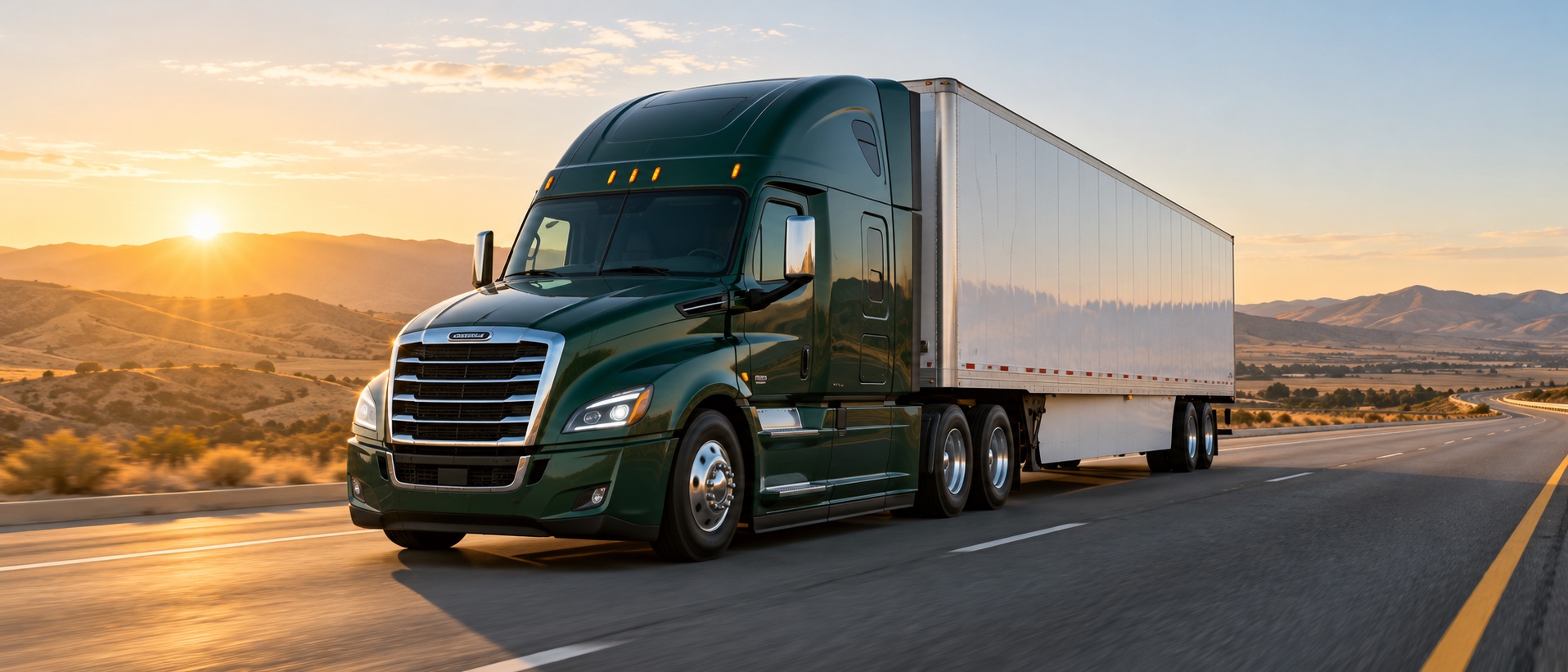 Green semi-truck and white trailer on a highway